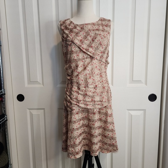 Hem & Thread Floral Dress Sleeveless Beige Red Dress Ruched Details - Picture 1 of 8